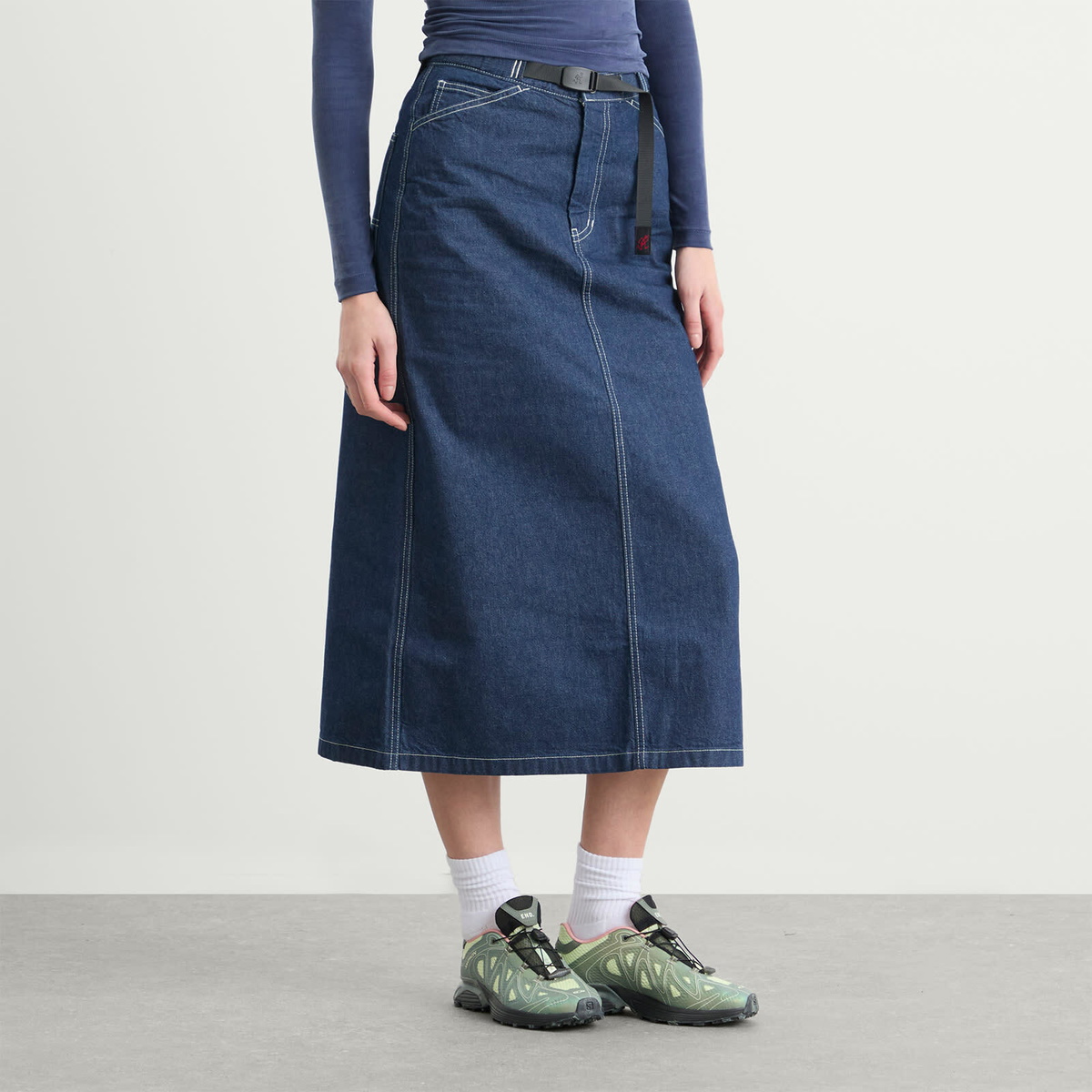 Gramicci Women's Denim Midi Skirt in Rinsed Indigo
