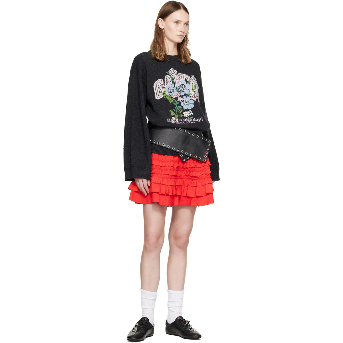 GANNI Black Wool Flowers Oversized Sweater