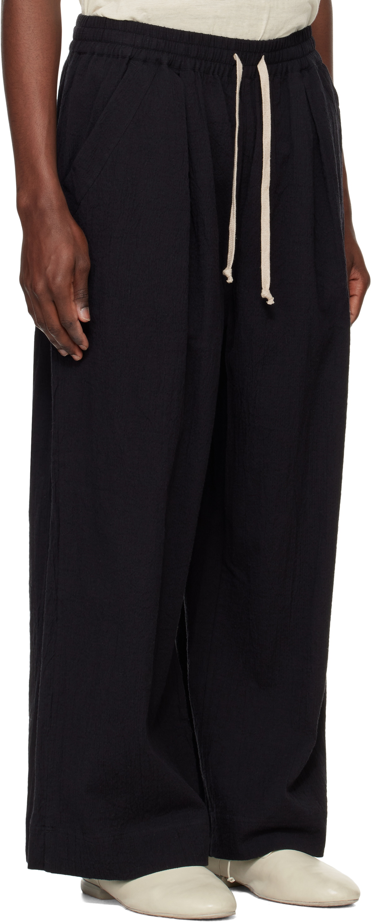 Jan-Jan Van Essche Black O-Project Cotton Linen Seersucker Wide Trousers