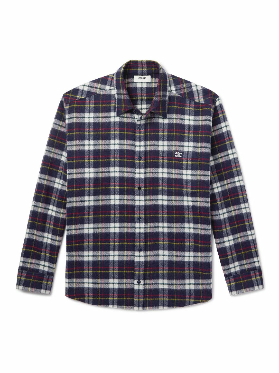 CELINE - Logo-Embroidered Checked Wool-Flannel Shirt - Blue