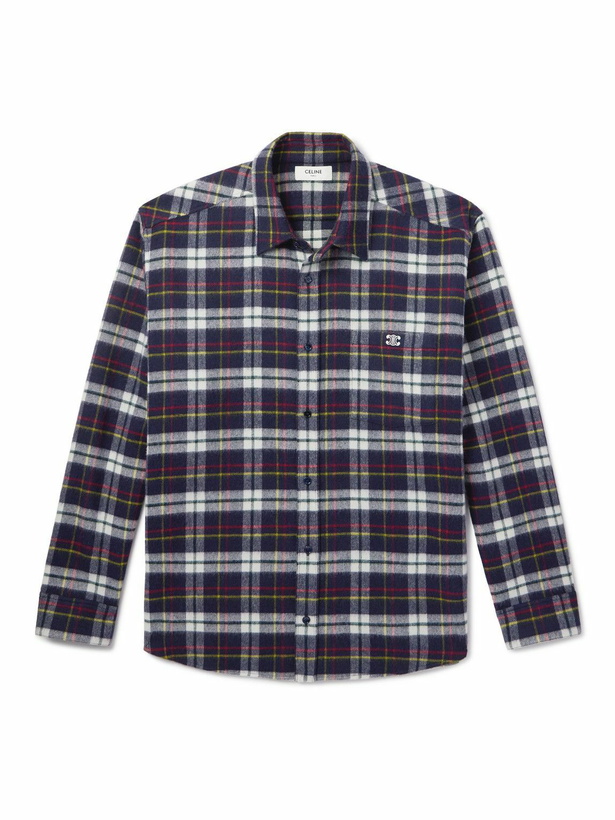 Photo: CELINE - Logo-Embroidered Checked Wool-Flannel Shirt - Blue