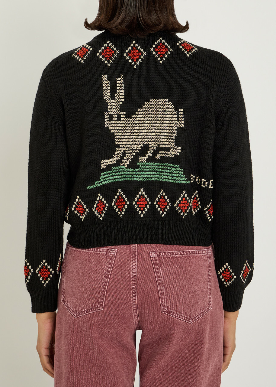 Bode Bunny Embroidered Wool Cardigan Black