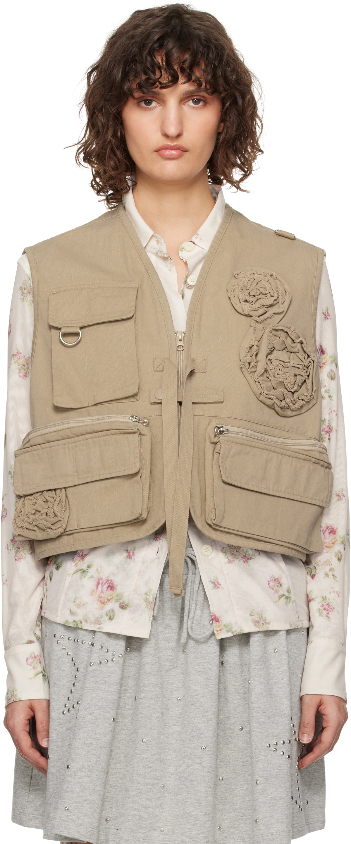 【OPEN YY】APPLIQUE CARGO VEST (3COLORS) OPEN YY Beige Appliqué Cargo Vest OPEN YY