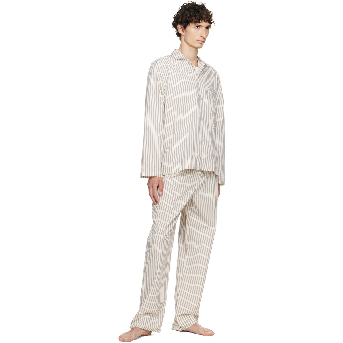Tekla Off-White & Brown Poplin Long-Sleeved Pyjama Shirt