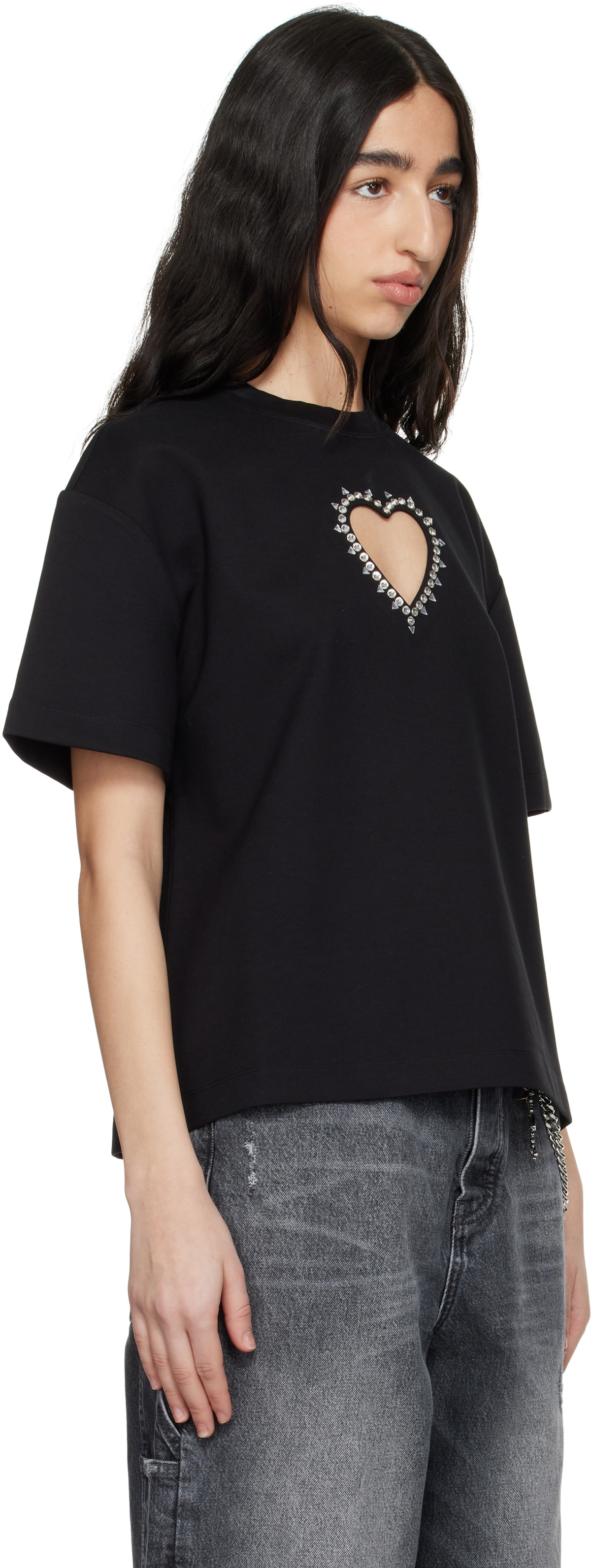 AREA Black Crystal Heart Cutout Relaxed T-shirt