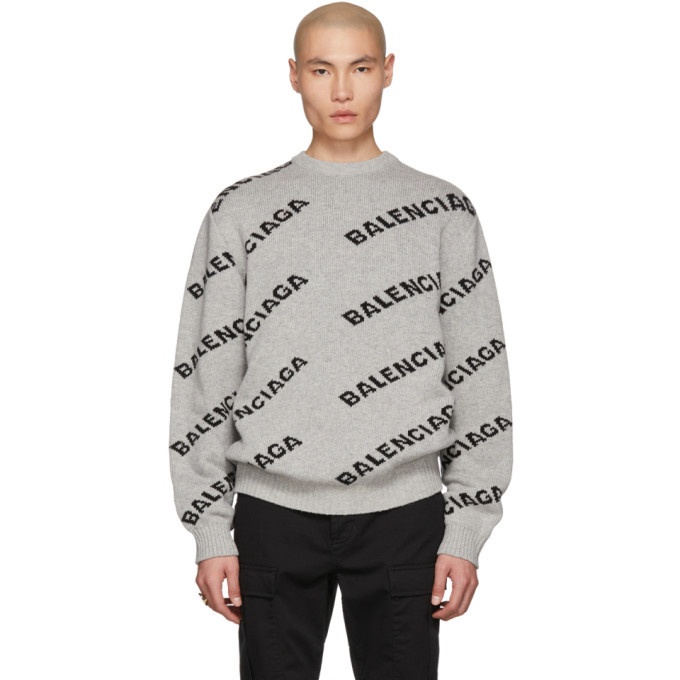 Photo: Balenciaga Grey and Black Jacquard Logo Crewneck Sweater