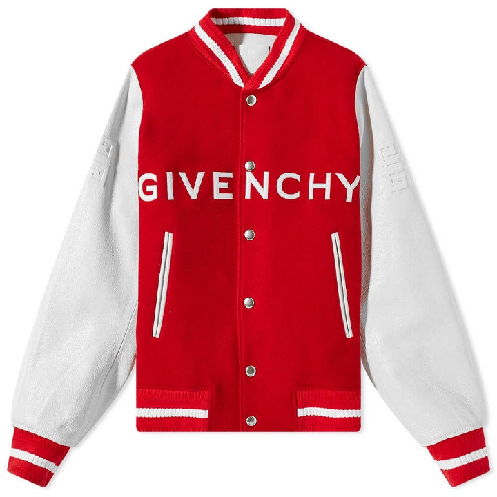 Photo: Givenchy Men's Logo Leather Varsity Jacket in White/Red