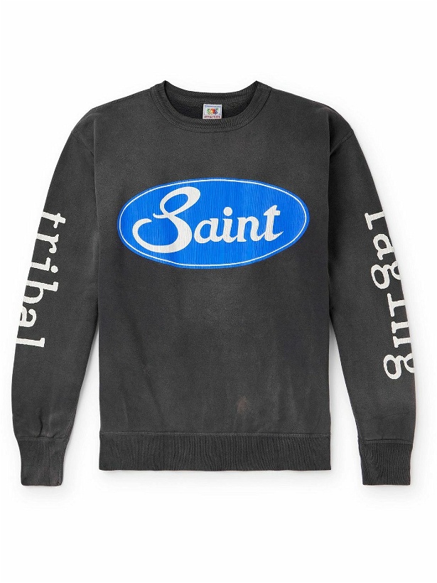 Photo: SAINT Mxxxxxx - Logo-Print Distressed Cotton-Jersey Sweatshirt - Gray