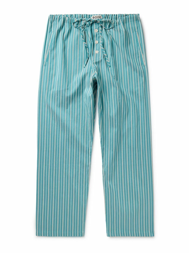 Photo: BODE - Shore Straight-Leg Striped Cotton-Blend Drawstring Trousers - Blue