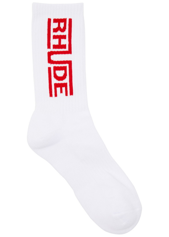 Photo: Rhude Champions Logo Stretch-cotton Socks - White And Red - One Size