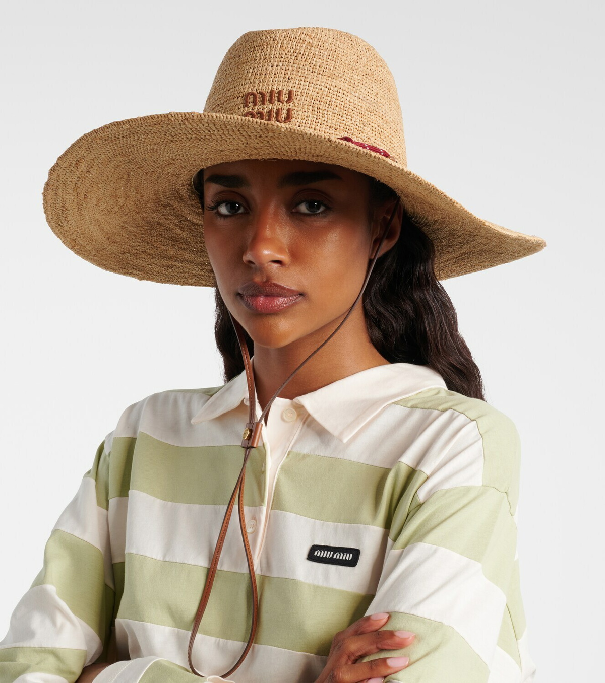 Miu Miu Leather-trimmed raffia sun hat