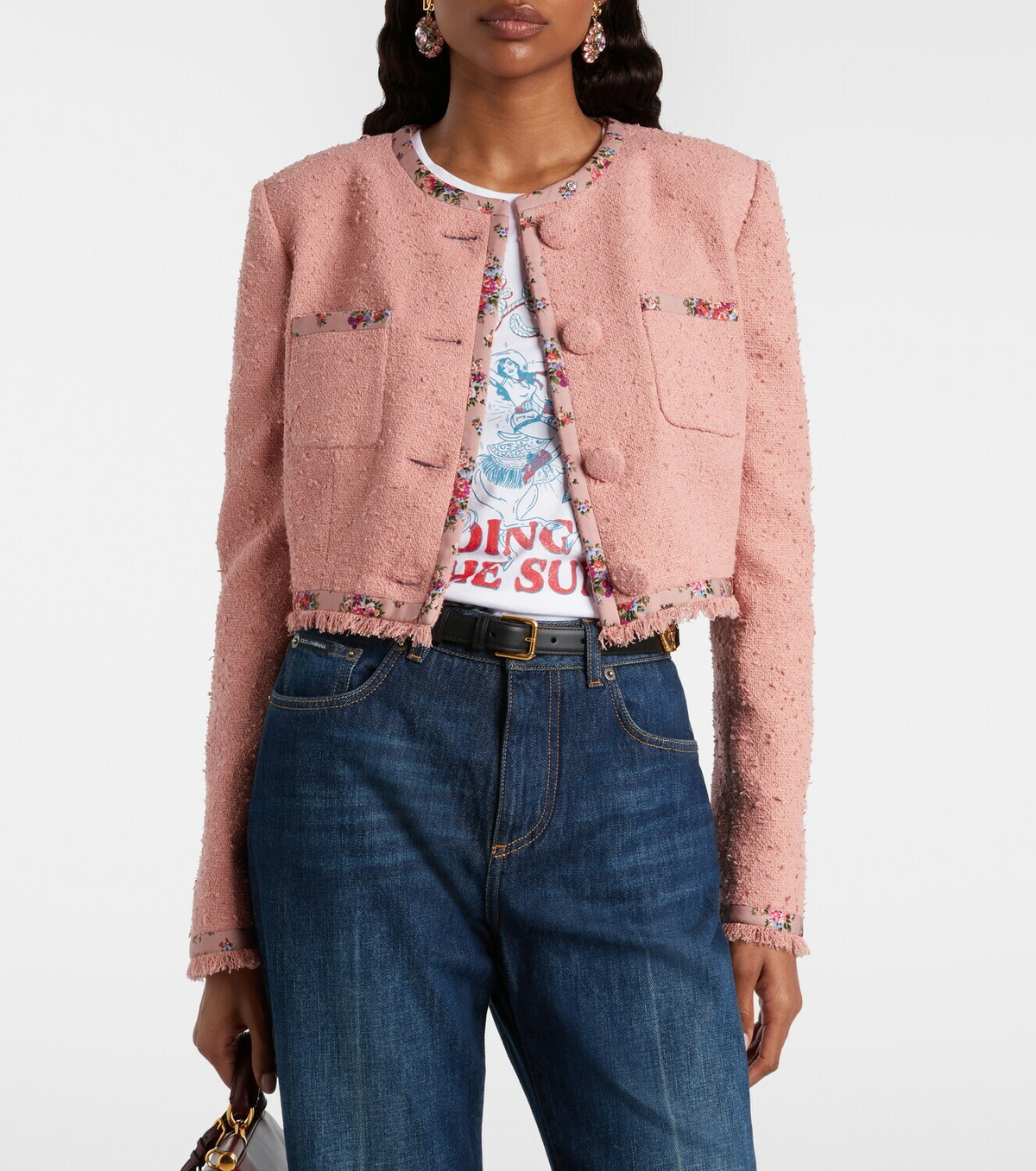 Dolce&Gabbana Floral cropped cotton-blend tweed jacket