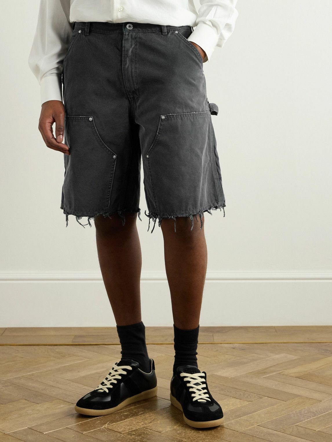 Maison Margiela - Straight-Leg Panelled Frayed Cotton-Canvas Shorts - Black