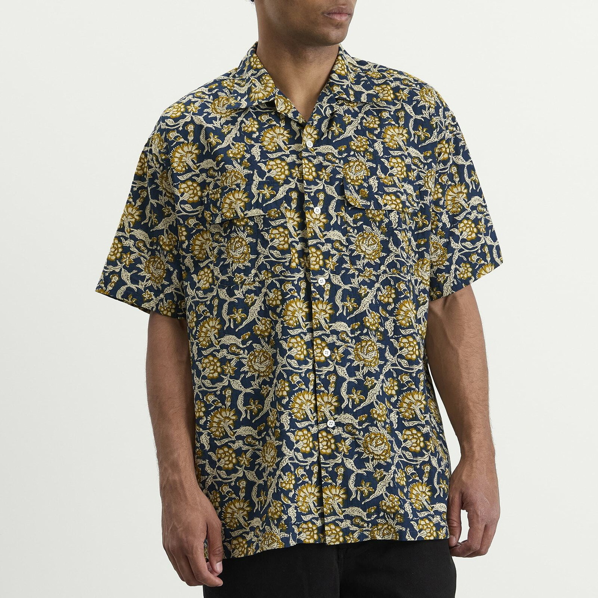 Beams Plus Men's Block Print Open collar Shirt in Blue