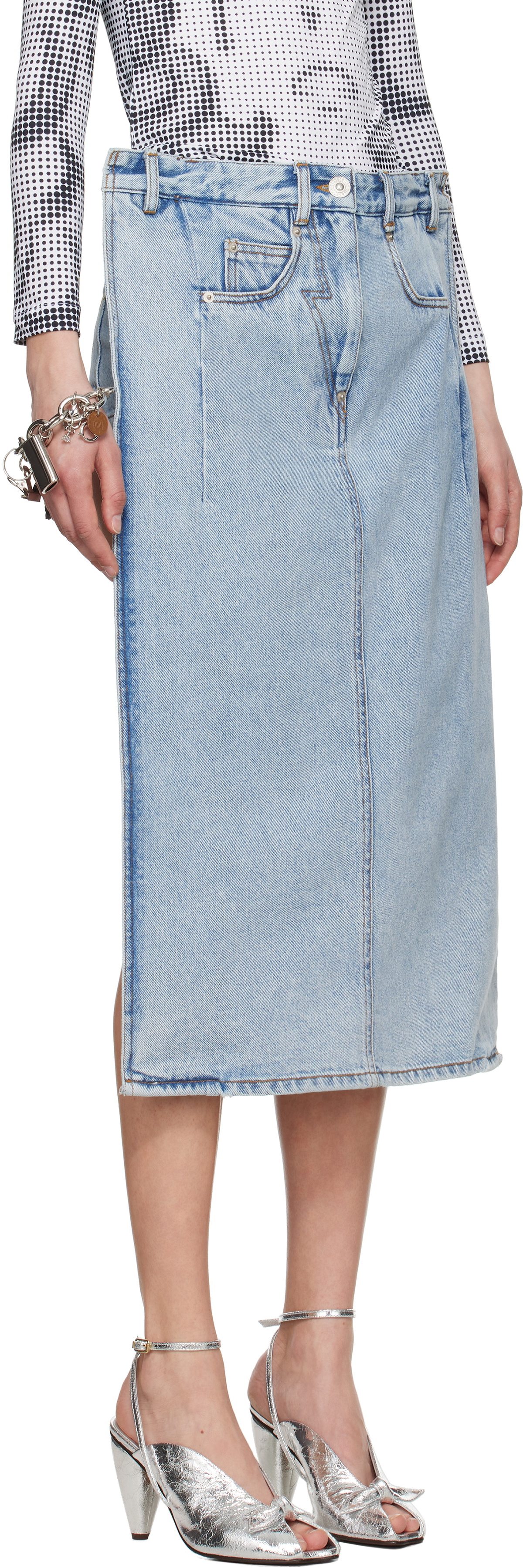 Pushbutton Blue Back Panty Square Denim Midi Skirt