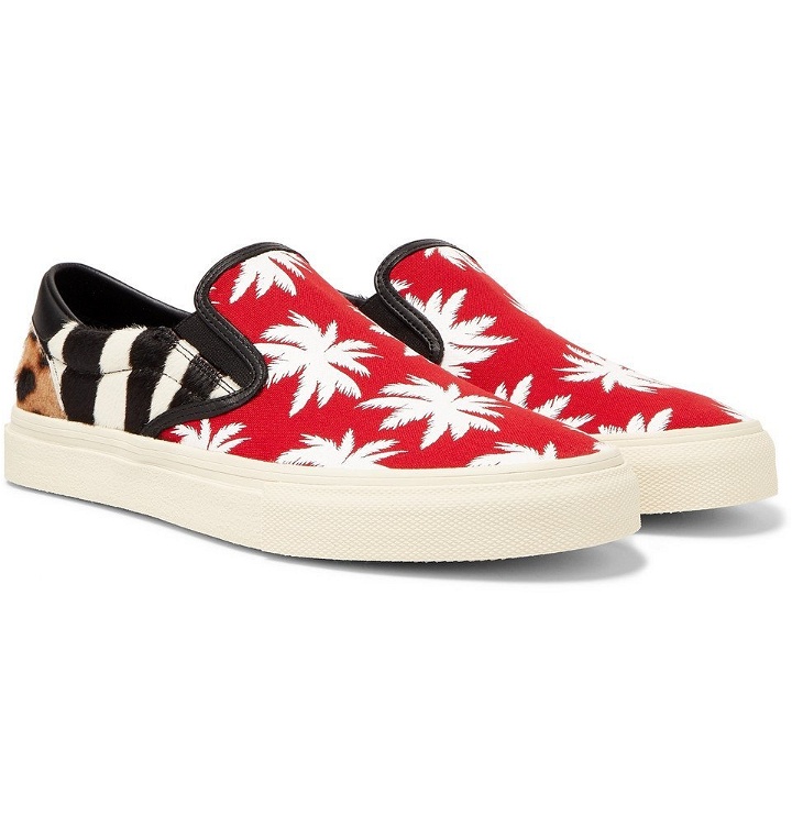 Photo: AMIRI - Leather-Trimmed Panelled Calf Hair and Canvas Slip-On Sneakers - Red