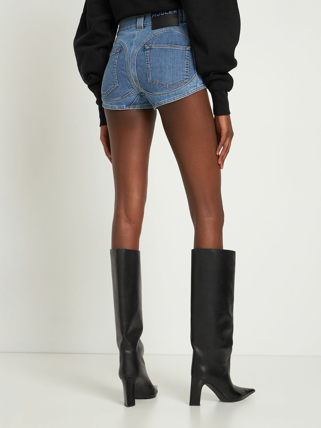 MUGLER - Contrast High Waist Cotton Denim Shorts Mugler