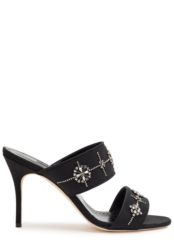 Photo: Manolo Blahnik Ralota 90 Crystal-embellished Crepe de Chine Mules Black