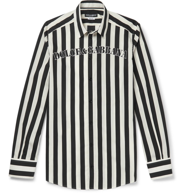 Photo: Dolce & Gabbana - Slim-Fit Logo-Print Striped Cotton-Poplin Shirt - Men - Black