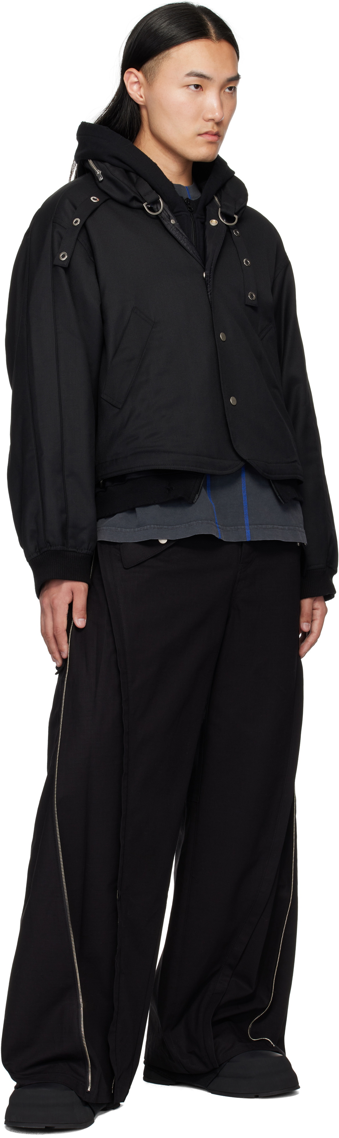 FFFPOSTALSERVICE Black Damaged Round Hem Curved Zip-Up Hoodie