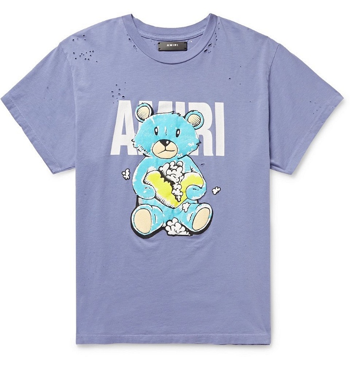 Photo: AMIRI - Distressed Printed Cotton-Jersey T-Shirt - Men - Blue