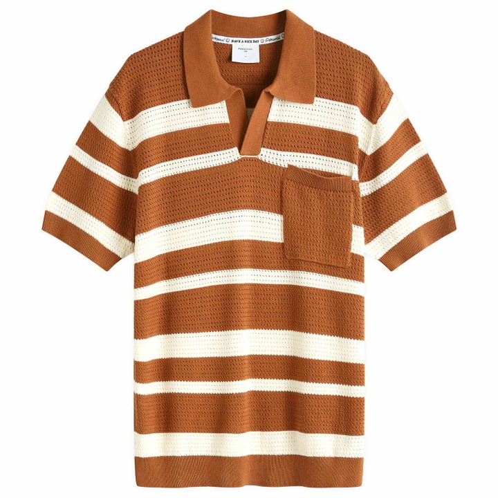 Photo: Percival Men's Paros Stripe Polo Shirt in Tan/Ecru