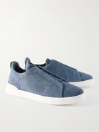 Zegna - Triple Stitch Leather-Trimmed Canvas Sneakers - Blue