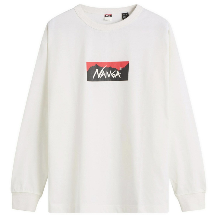 Photo: NANGA Men's Eco Hybrid Box Logo Long Sleeve T-Shirt in White