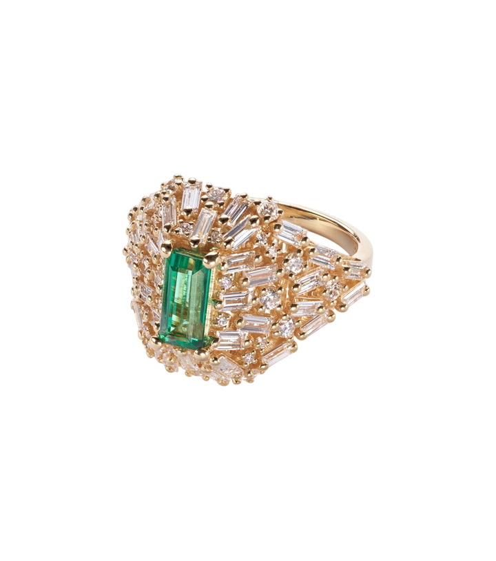 Photo: Suzanne Kalan One Of A Kind 18kt gold ring with diamonds and emerald