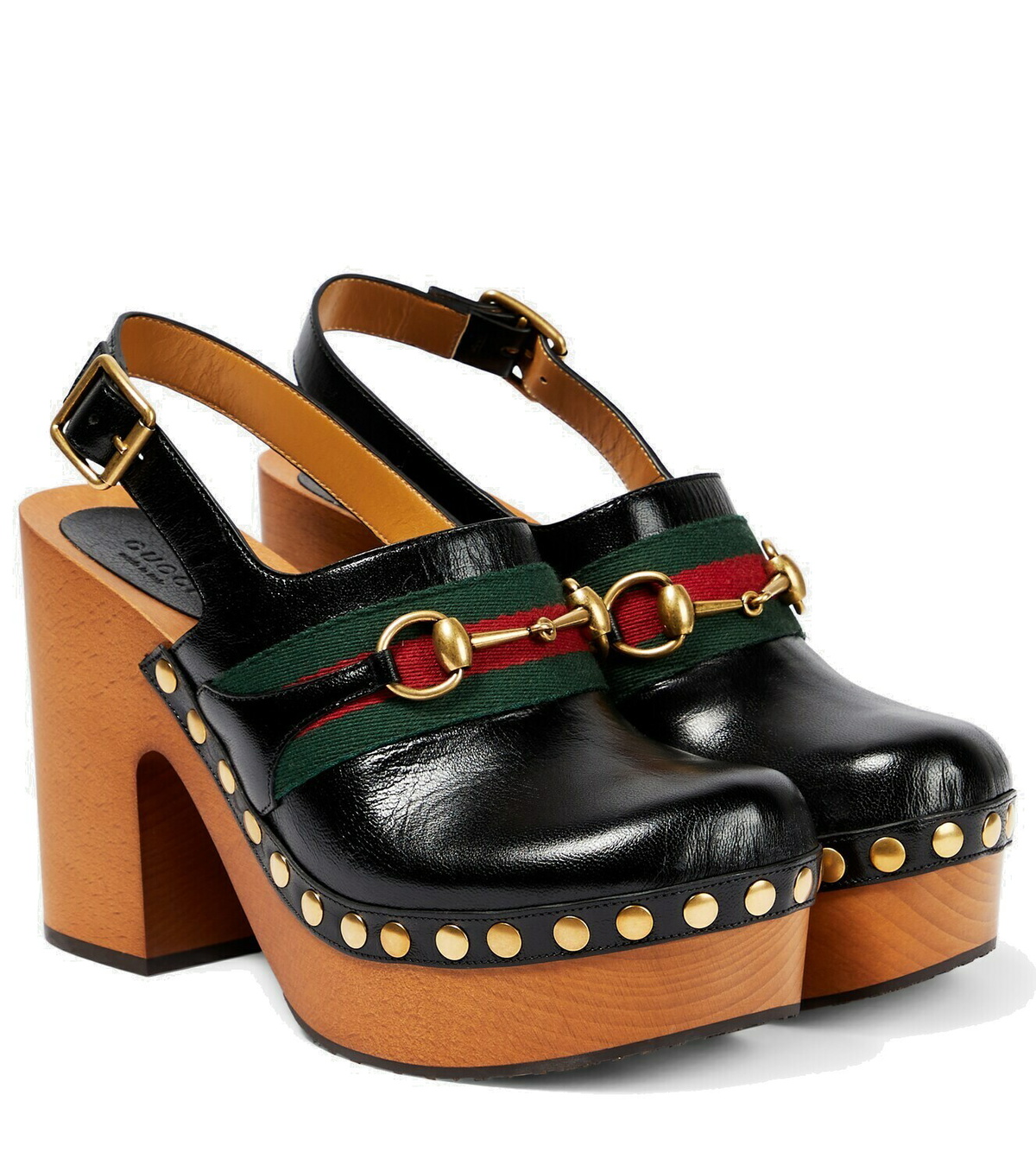 【GUCCI】stann horsebit-detailed レザー clogs Gucci Stann Horsebit-Detailed Webbing-Trimmed Studded