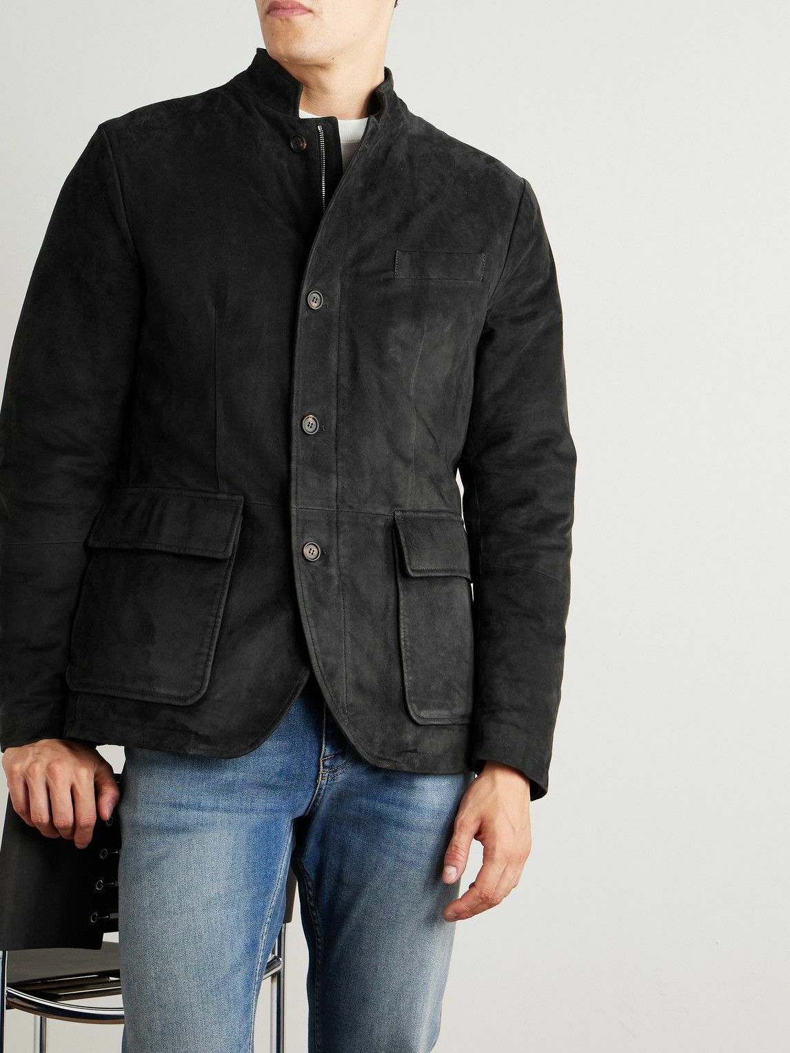 Eleventy - Slim-Fit Nehru-Collar Padded Suede Down Jacket - Black