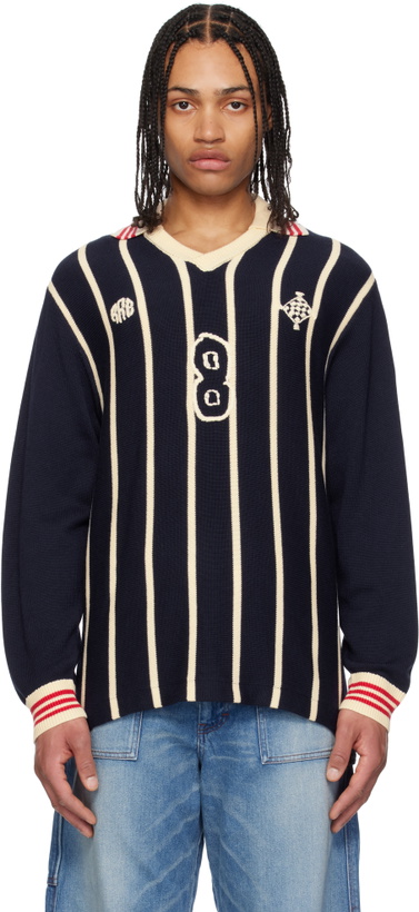 Photo: RICE NINE TEN Navy Knitting Long Sleeve Soccer Jersey Polo