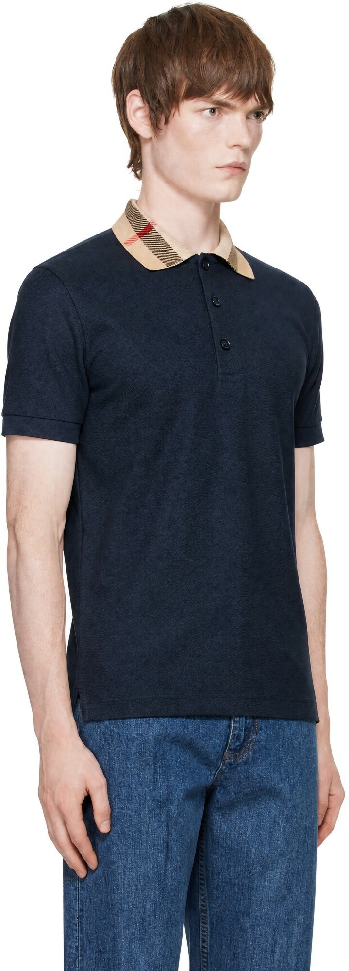 Burberry Navy Check Collar Cotton Polo
