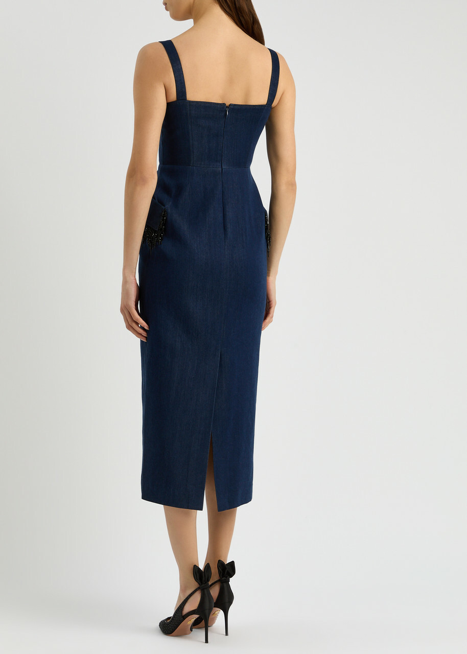 Huishan Zhang Rosalia Embellished Chambray Midi Dress Dark Blue