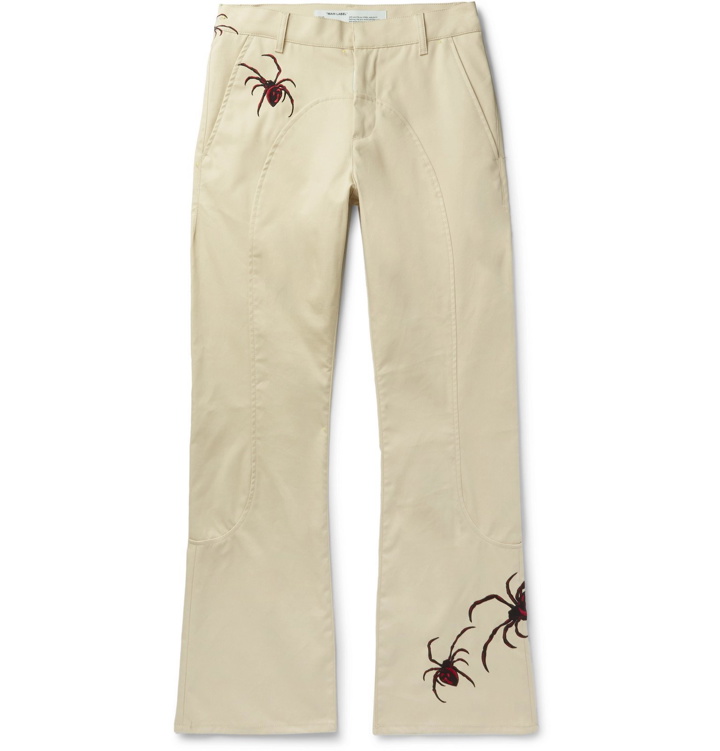Photo: Off-White - Slim-Fit Flared Embroidered Cotton-Blend Chinos - Neutrals