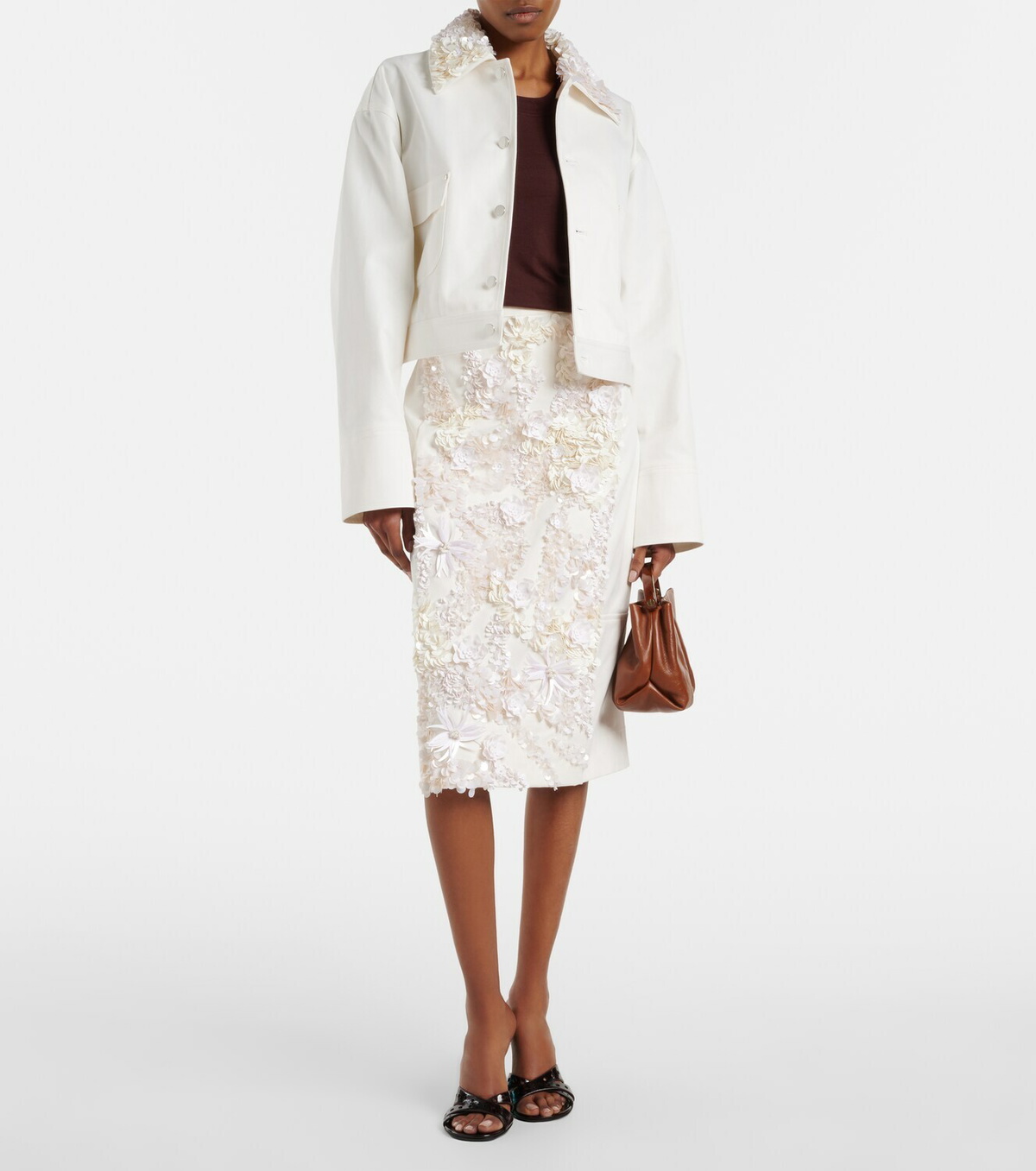 Plan C Embellished cotton drill midi skirt