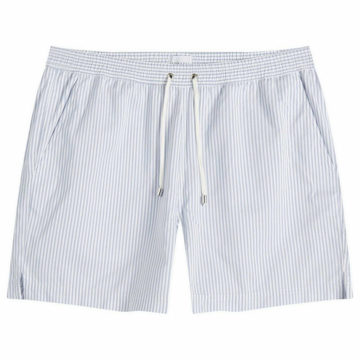 Photo: Sunspel Men's Stripe Swim Shorts in White/Cool Blue Swim Stripe