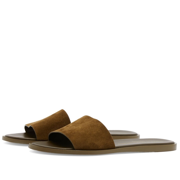Photo: Woman by Common Projects Women's Suede Slides in Army Green