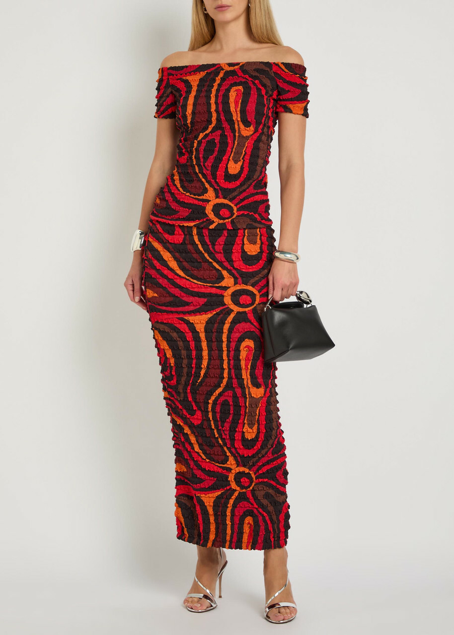 Pucci Printed Seersucker Midi Skirt Orange