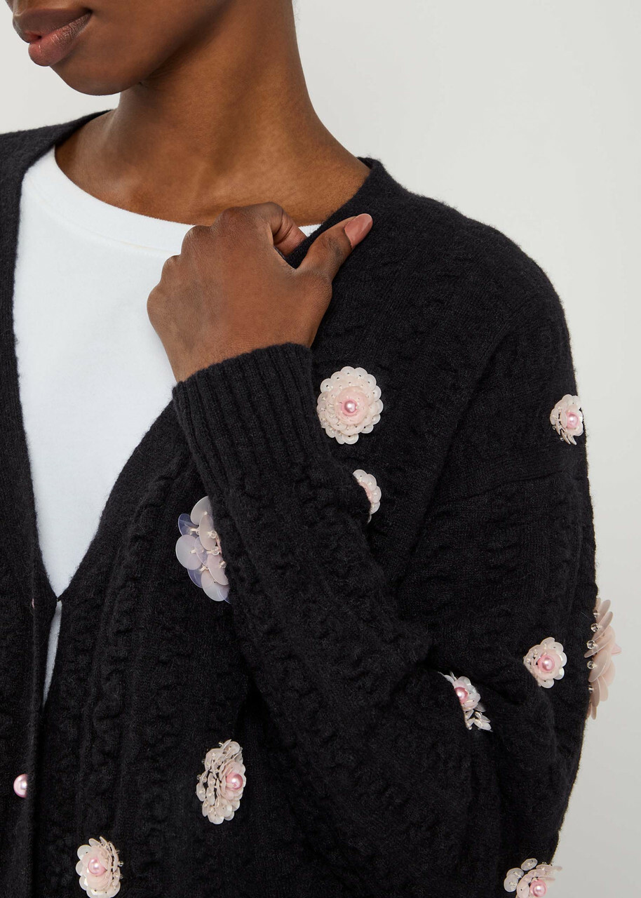 Bernadette Cammi Floral-embellished Wool-blend Cardigan Black
