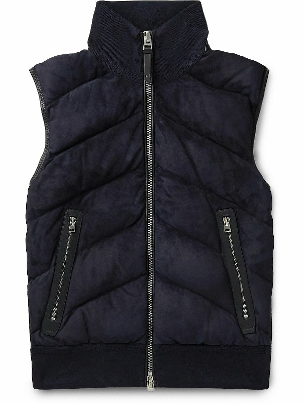 Photo: TOM FORD - Leather-Trimmed Quilted Suede and Wool Down Gilet - Blue