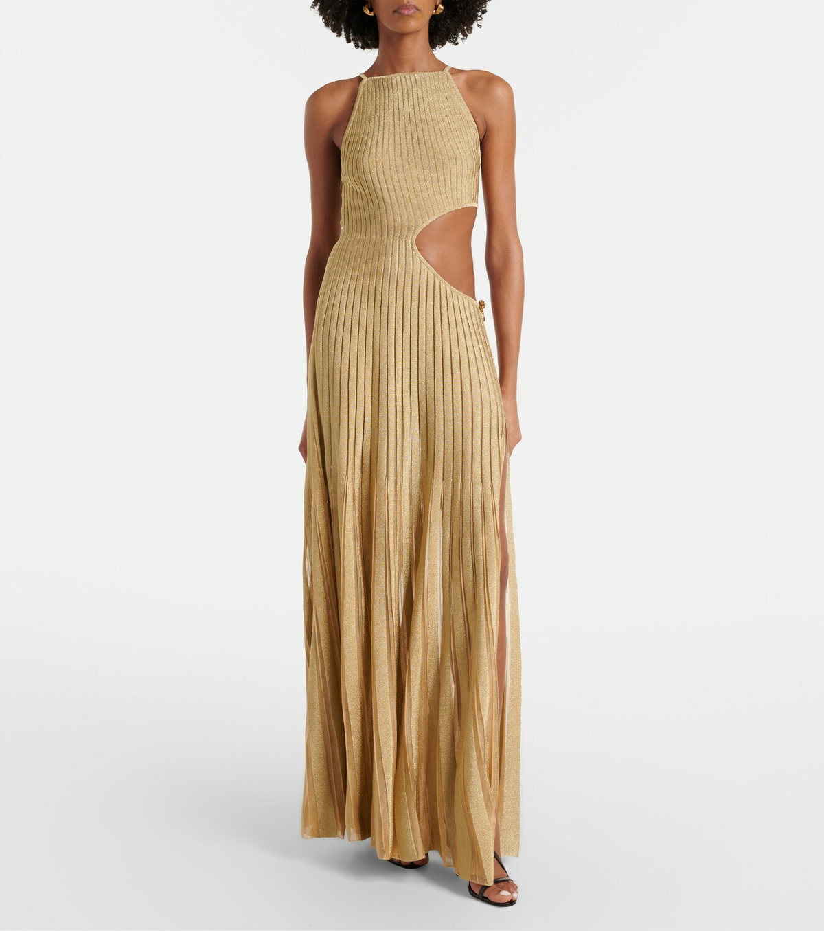 Roberto Cavalli Cutout ribbed-knit sheer lamé gown