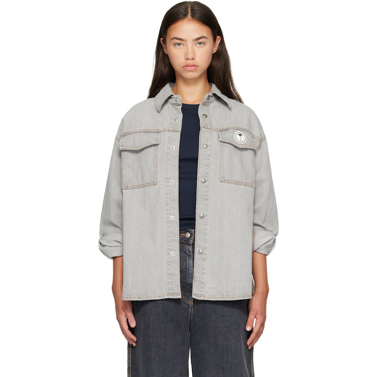 Palm Angels Gray Tree Logo Denim Overshirt
