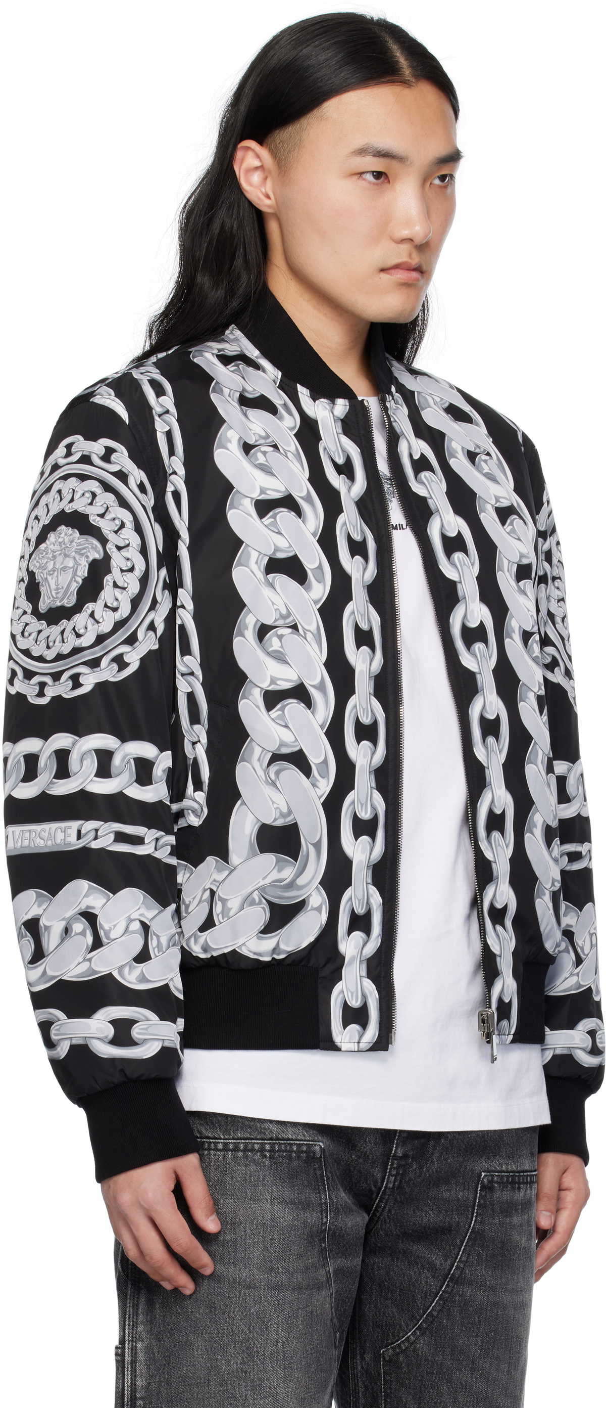 Versace Black Medusa Chains Reversible Bomber Jacket