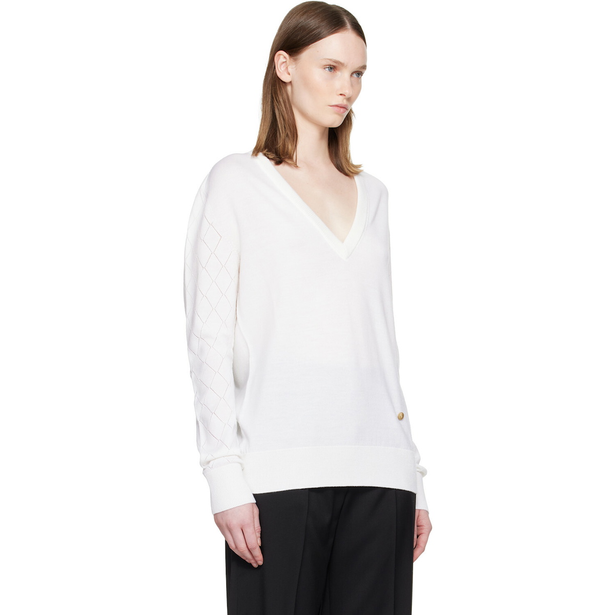 BALMAIN White V-Neck Light Sweater
