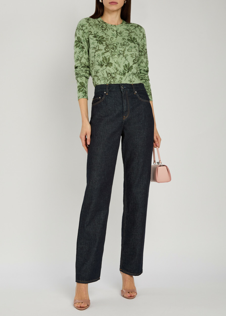 Alice + Olivia Carson Floral Cropped Cotton-blend Cardigan Green