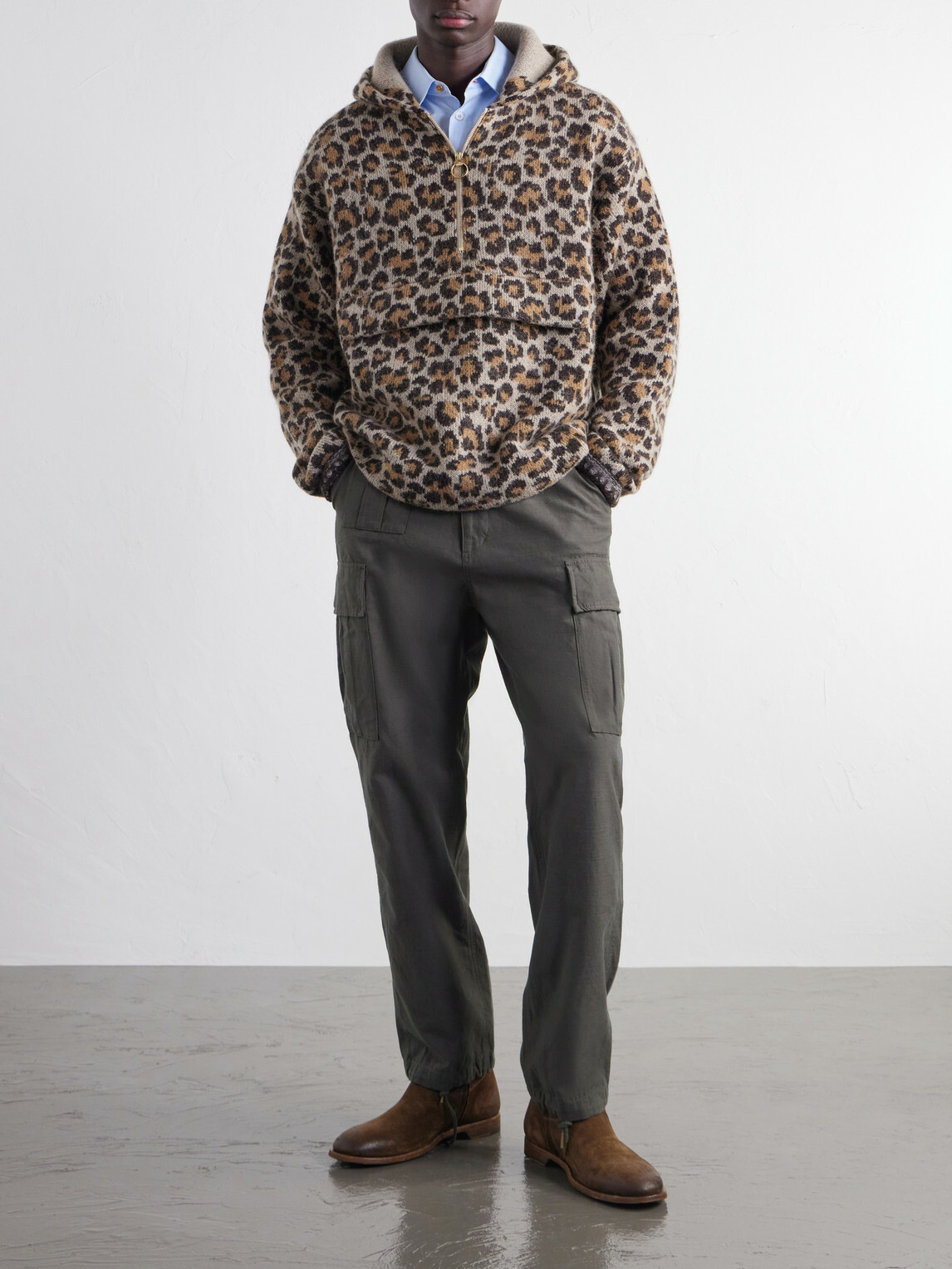 KAPITAL - Hooded Leopard-Jacquard Half-Zip Sweater - Neutrals KAPITAL