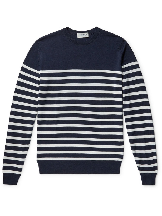 Photo: JOHN SMEDLEY - John Slim-Fit Striped Merino Wool Sweater - Blue