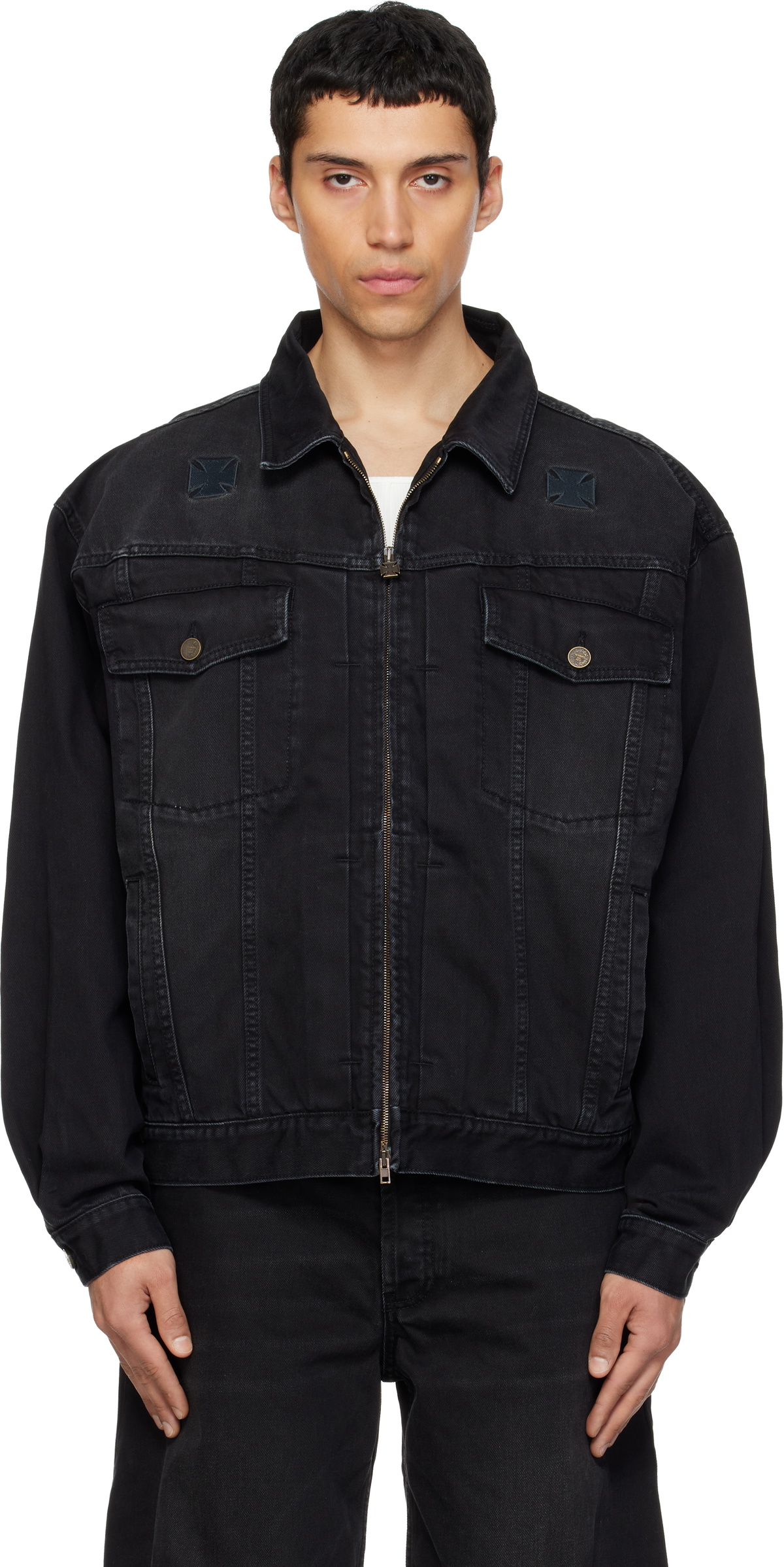 VETEMENTS Black Appliqué Biker Crosses Zip Denim Jacket Vetements