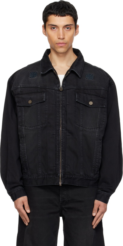 Photo: VETEMENTS Black Appliqué Biker Crosses Zip Denim Jacket